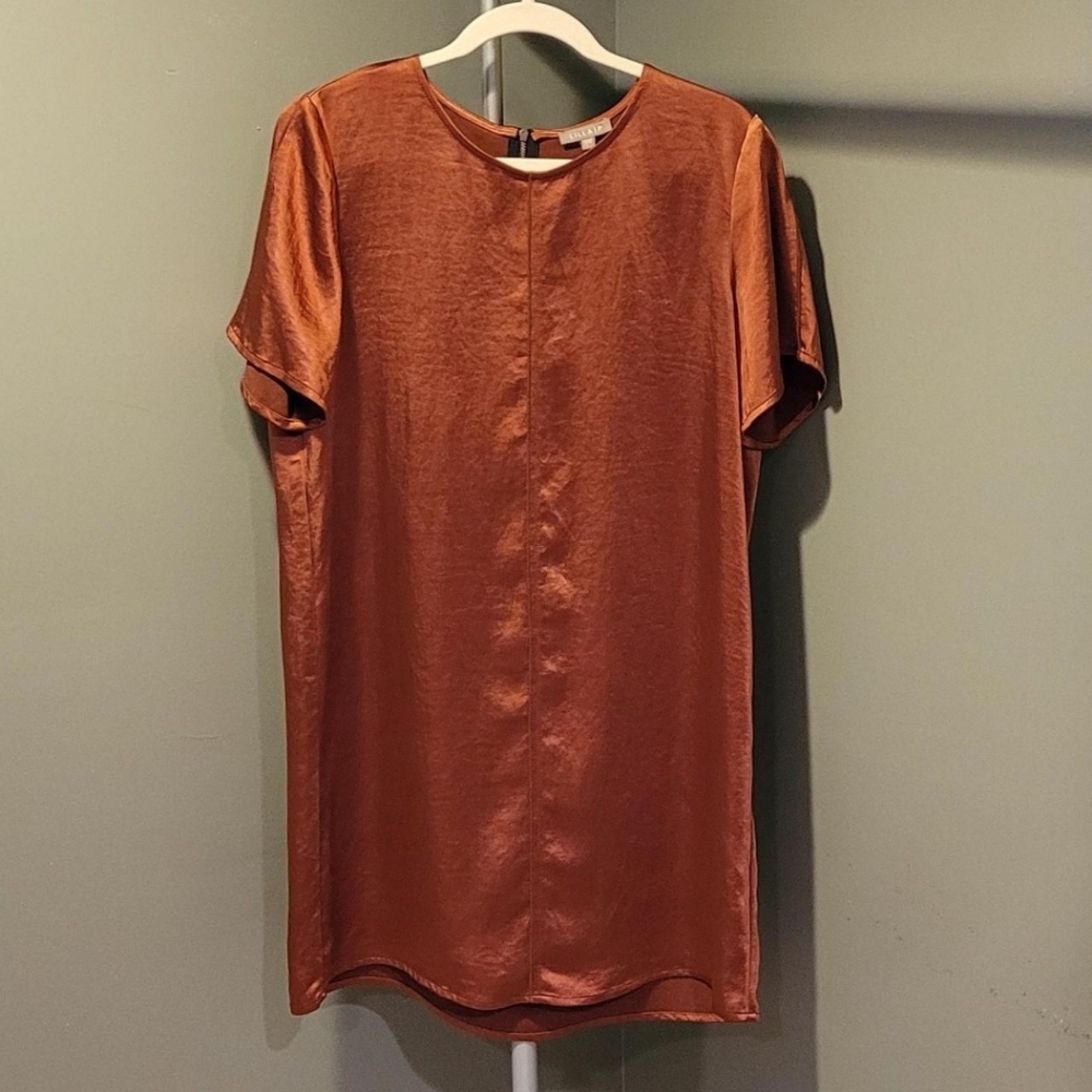 Lilla P Women's Satin Short Sleeve Mini Shirt Dress, Size L, Copper Rust - Picture 1 of 4